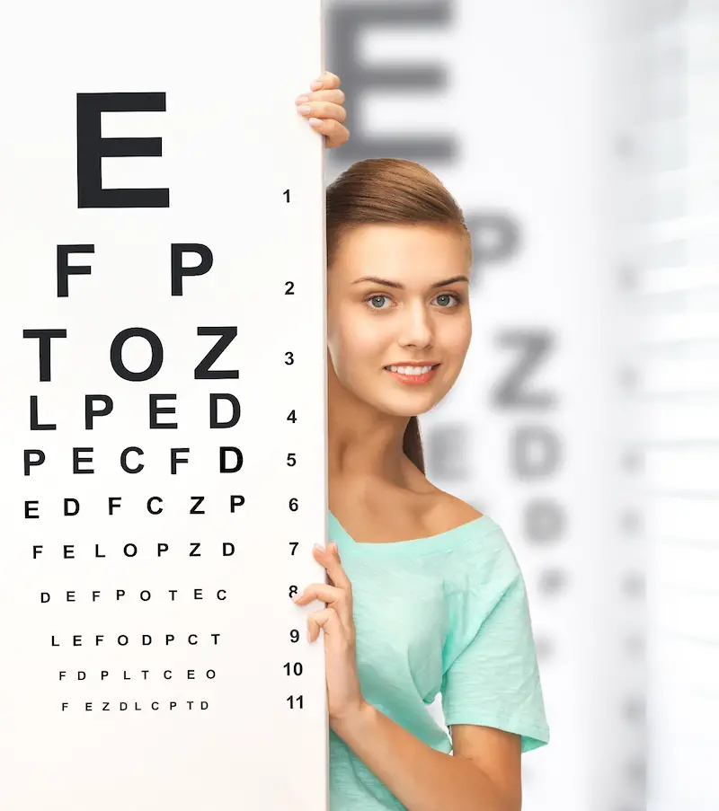 Girl behind a large eye chart